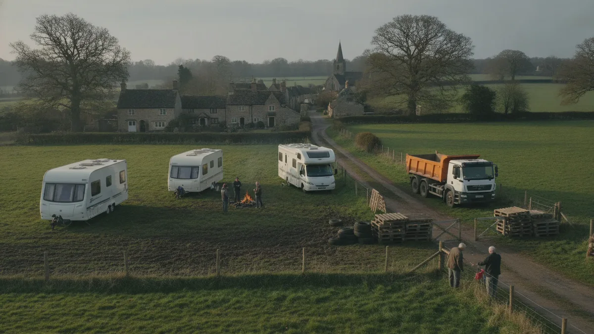 Familie i campingvogner blokkerer landsby i England og krever formue for å dra